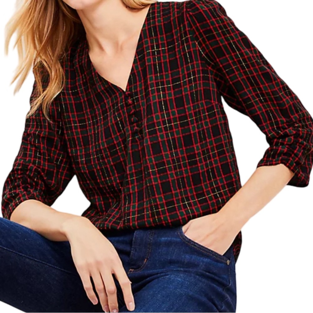 LOFT Shimmer Plaid Shirred V-Neck 3/4 Sleeve Blouse Size Medium